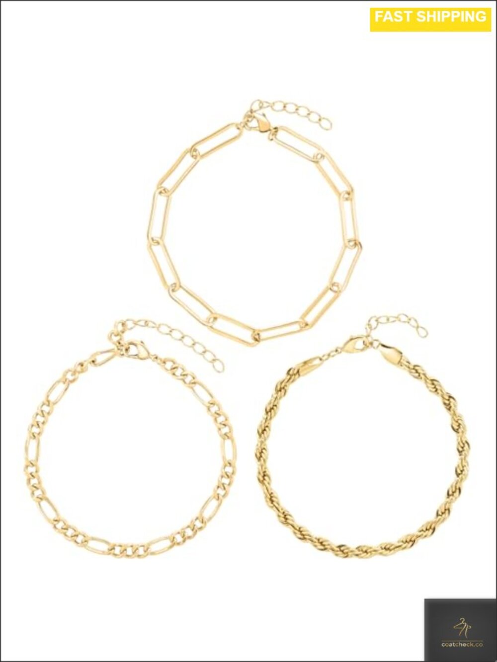 14K Gold-Plated Bracelet Stack Set with Paperclip Rope Figaro Chains
